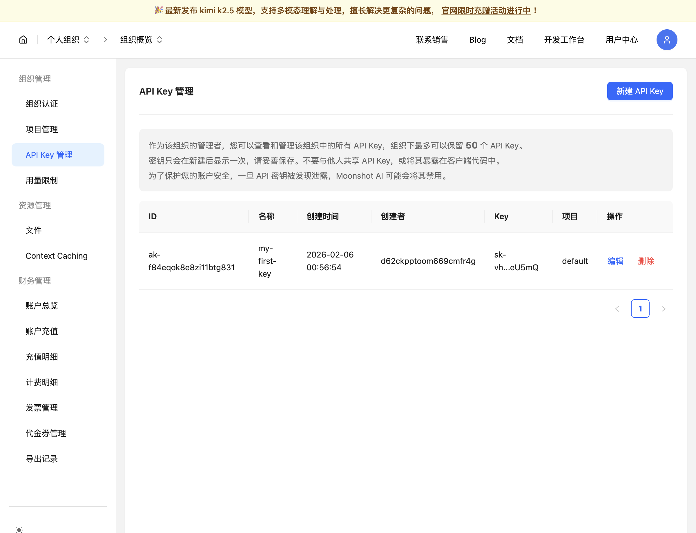 API Key page