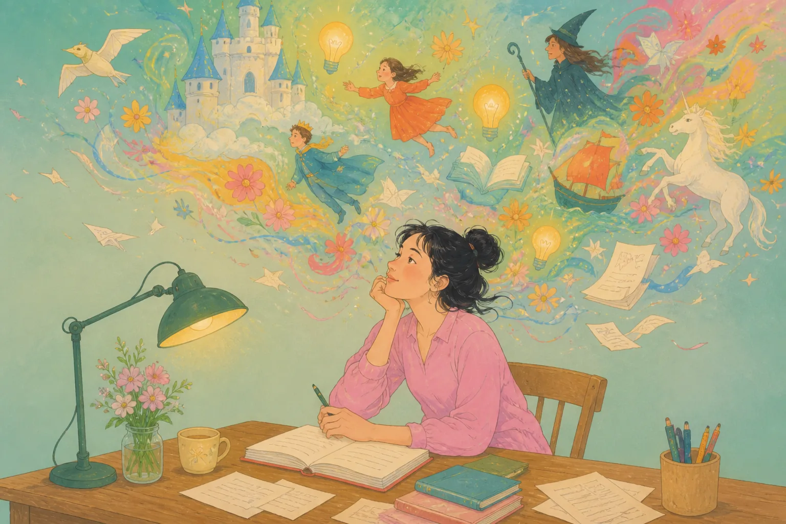 插画：女孩在案前写作，脑海中闪过奇幻灵感