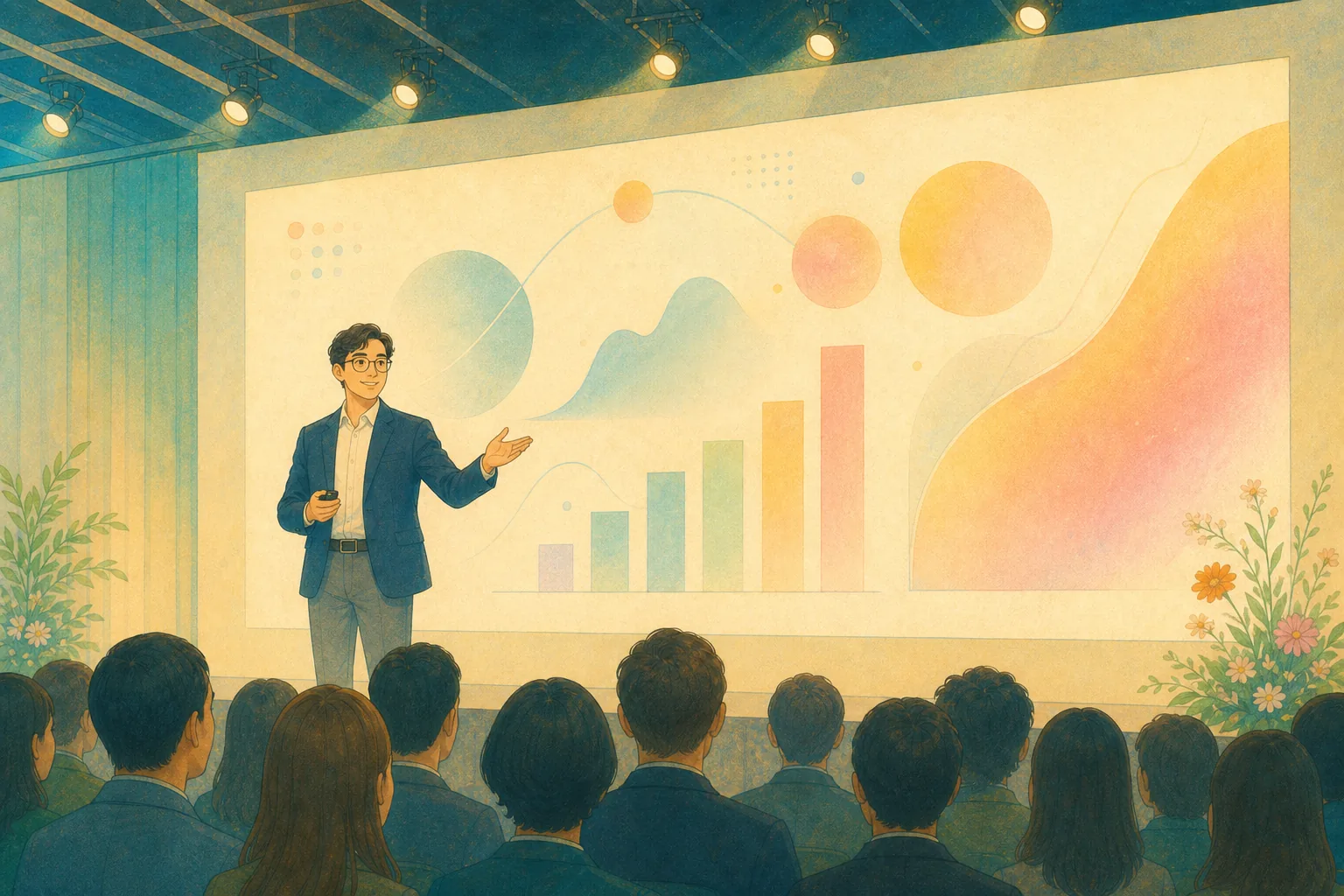 插画：专业人士在大屏幕前演讲汇报