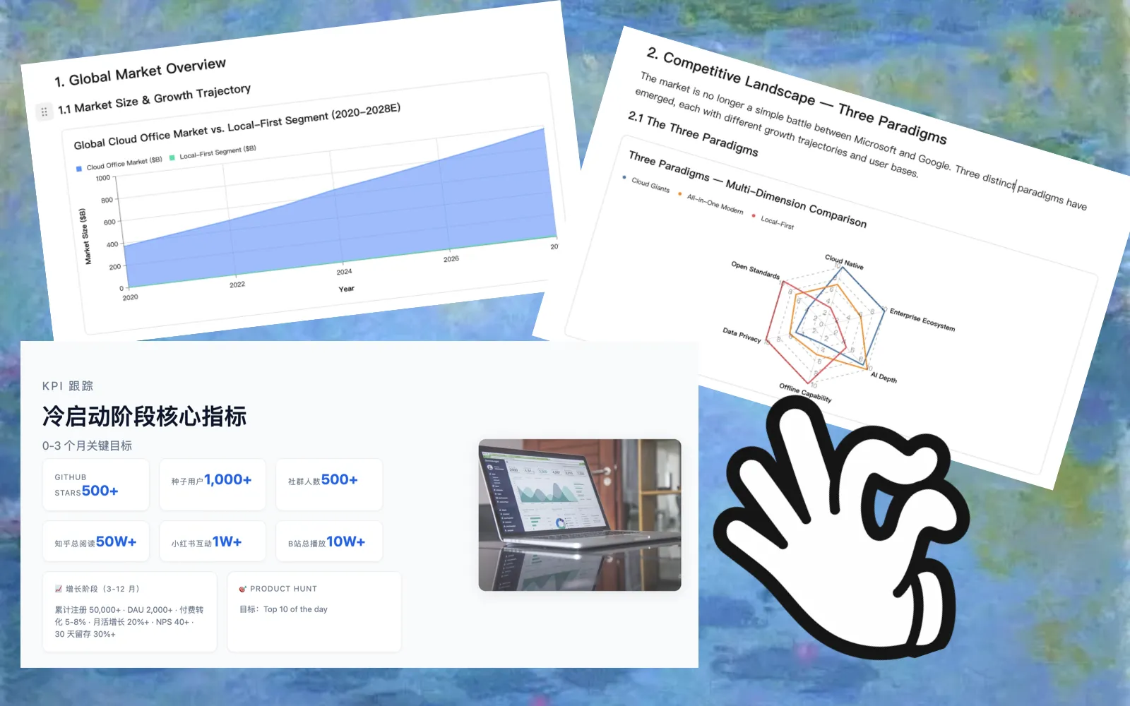 WriteX 文档中的图表与精美交互界面特写,展示可视化组件与流畅预览