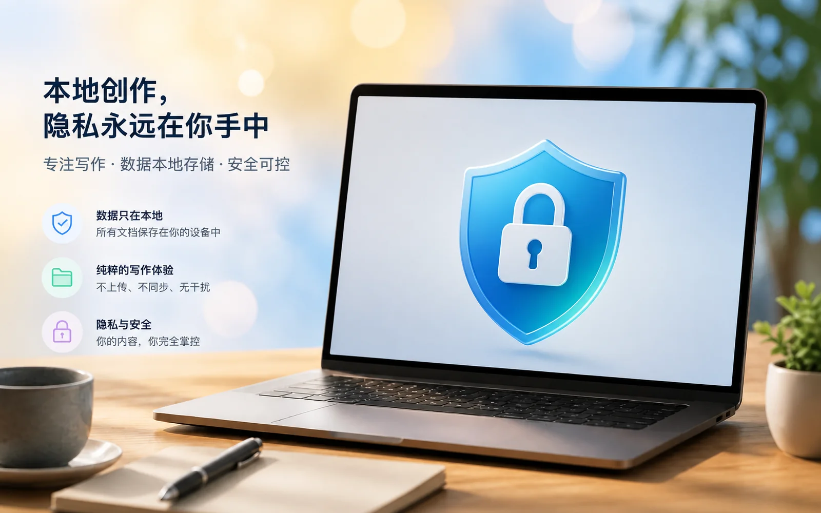 本地文件夹中的文档与隐私保护示意,强调文件留在本机、不被上传